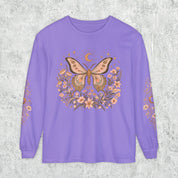 Moonlit Moth Celestial Long Sleeve Tee, Witchy Botanical Shirt, Whimsigoth Nature Graphic Tee, Gift for Her