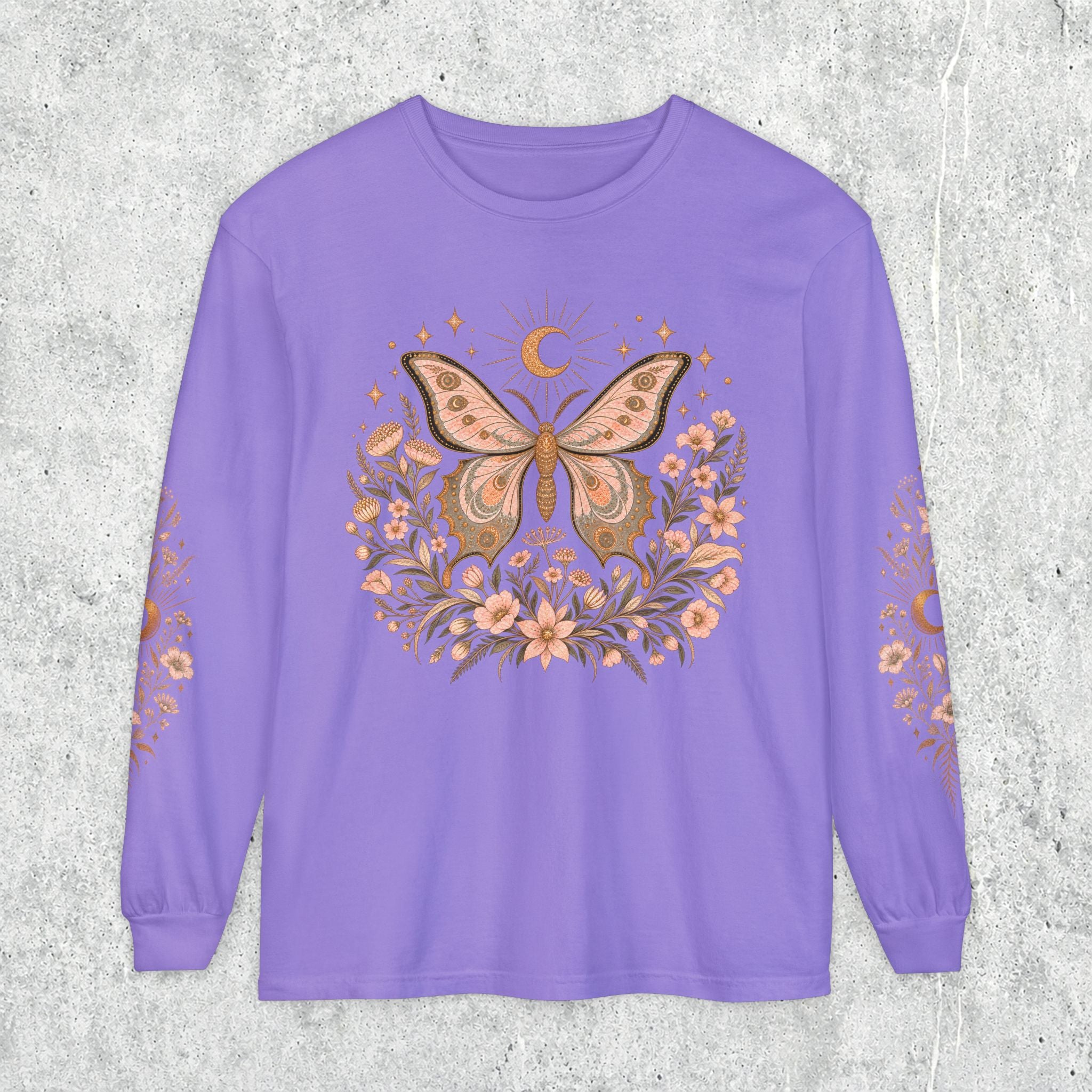 Moonlit Moth Celestial Long Sleeve Tee, Witchy Botanical Shirt, Whimsigoth Nature Graphic Tee, Gift for Her