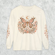 Moonlit Moth Celestial Long Sleeve Tee, Witchy Botanical Shirt, Whimsigoth Nature Graphic Tee, Gift for Her