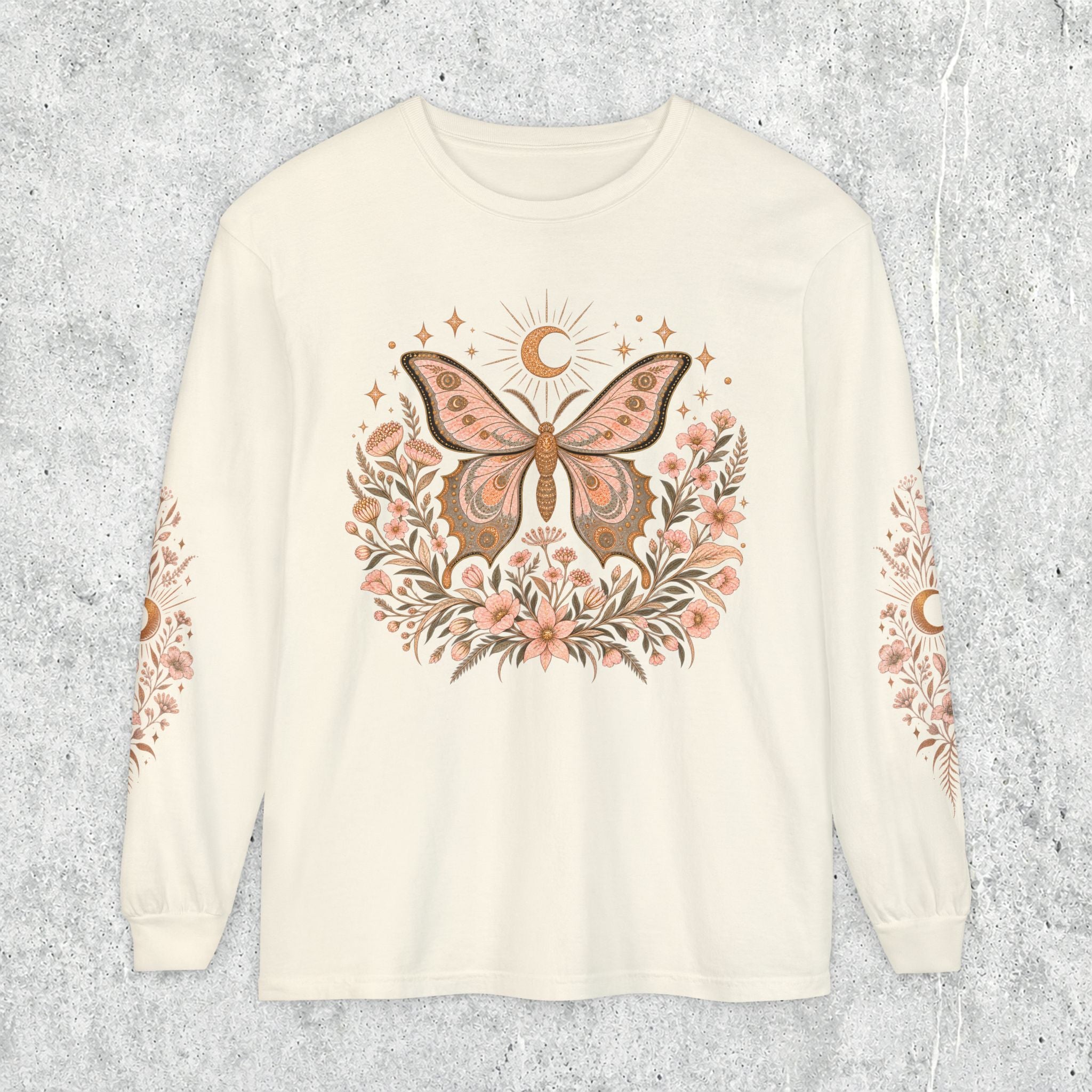 Moonlit Moth Celestial Long Sleeve Tee, Witchy Botanical Shirt, Whimsigoth Nature Graphic Tee, Gift for Her