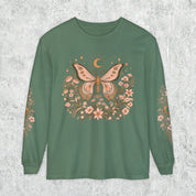 Moonlit Moth Celestial Long Sleeve Tee, Witchy Botanical Shirt, Whimsigoth Nature Graphic Tee, Gift for Her