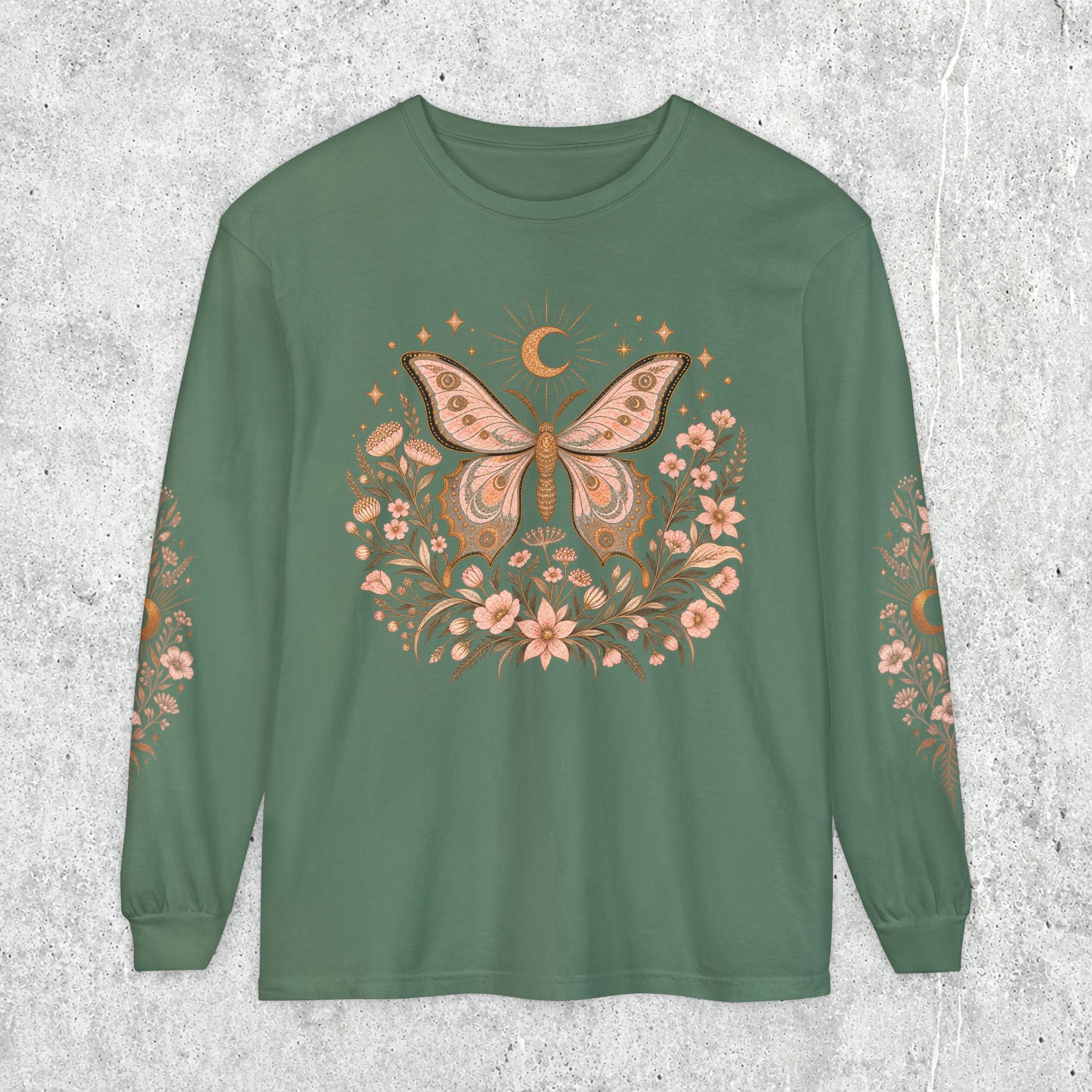 Moonlit Moth Celestial Long Sleeve Tee, Witchy Botanical Shirt, Whimsigoth Nature Graphic Tee, Gift for Her