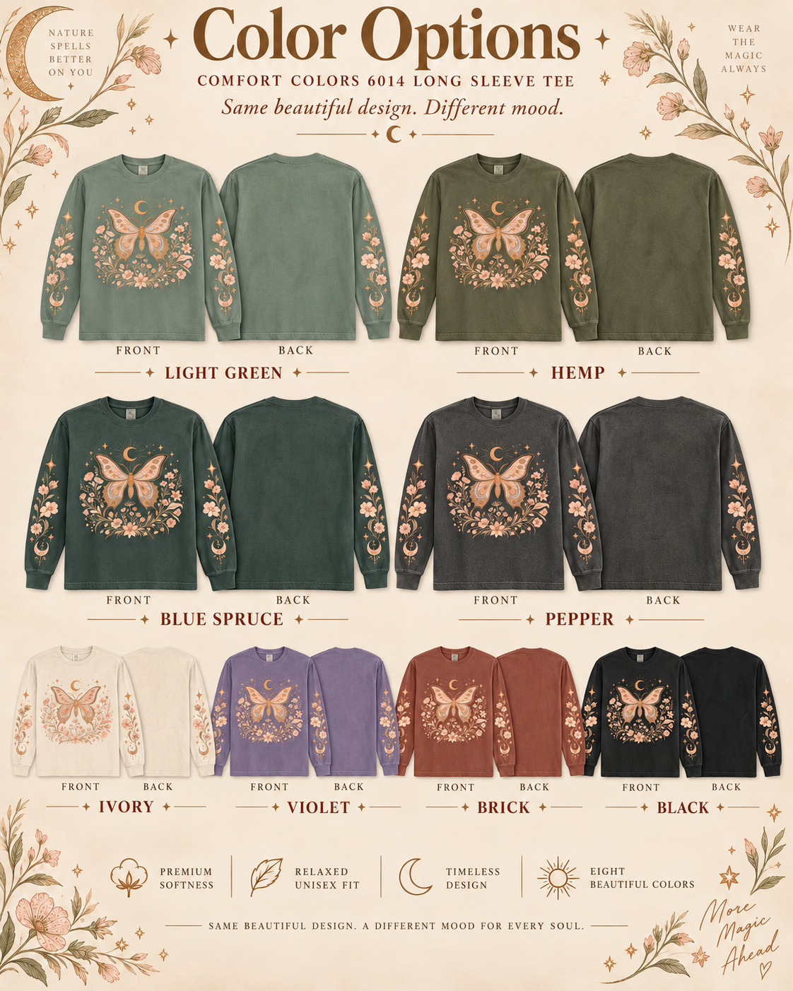 Moonlit Moth Celestial Long Sleeve Tee, Witchy Botanical Shirt, Whimsigoth Nature Graphic Tee, Gift for Her