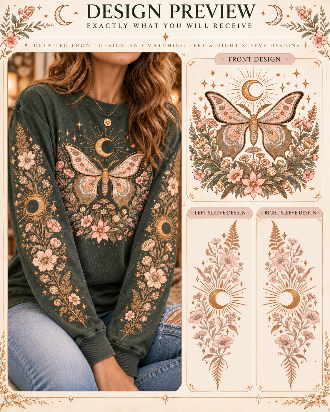 Moonlit Moth Celestial Long Sleeve Tee, Witchy Botanical Shirt, Whimsigoth Nature Graphic Tee, Gift for Her