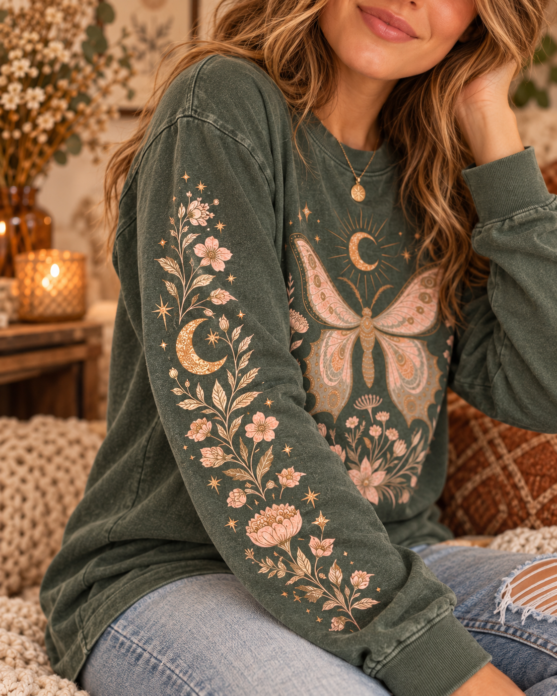 Moonlit Moth Celestial Long Sleeve Tee, Witchy Botanical Shirt, Whimsigoth Nature Graphic Tee, Gift for Her