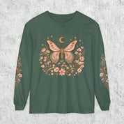 Moonlit Moth Celestial Long Sleeve Tee, Witchy Botanical Shirt, Whimsigoth Nature Graphic Tee, Gift for Her