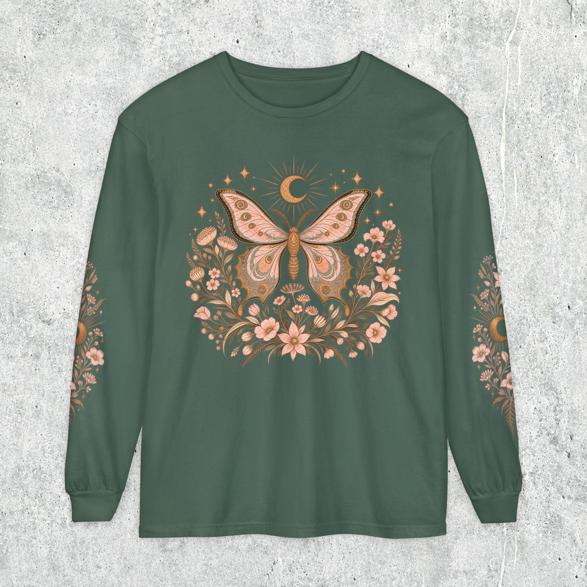 Moonlit Moth Celestial Long Sleeve Tee, Witchy Botanical Shirt, Whimsigoth Nature Graphic Tee, Gift for Her