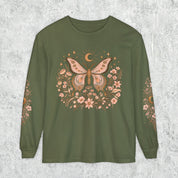 Moonlit Moth Celestial Long Sleeve Tee, Witchy Botanical Shirt, Whimsigoth Nature Graphic Tee, Gift for Her