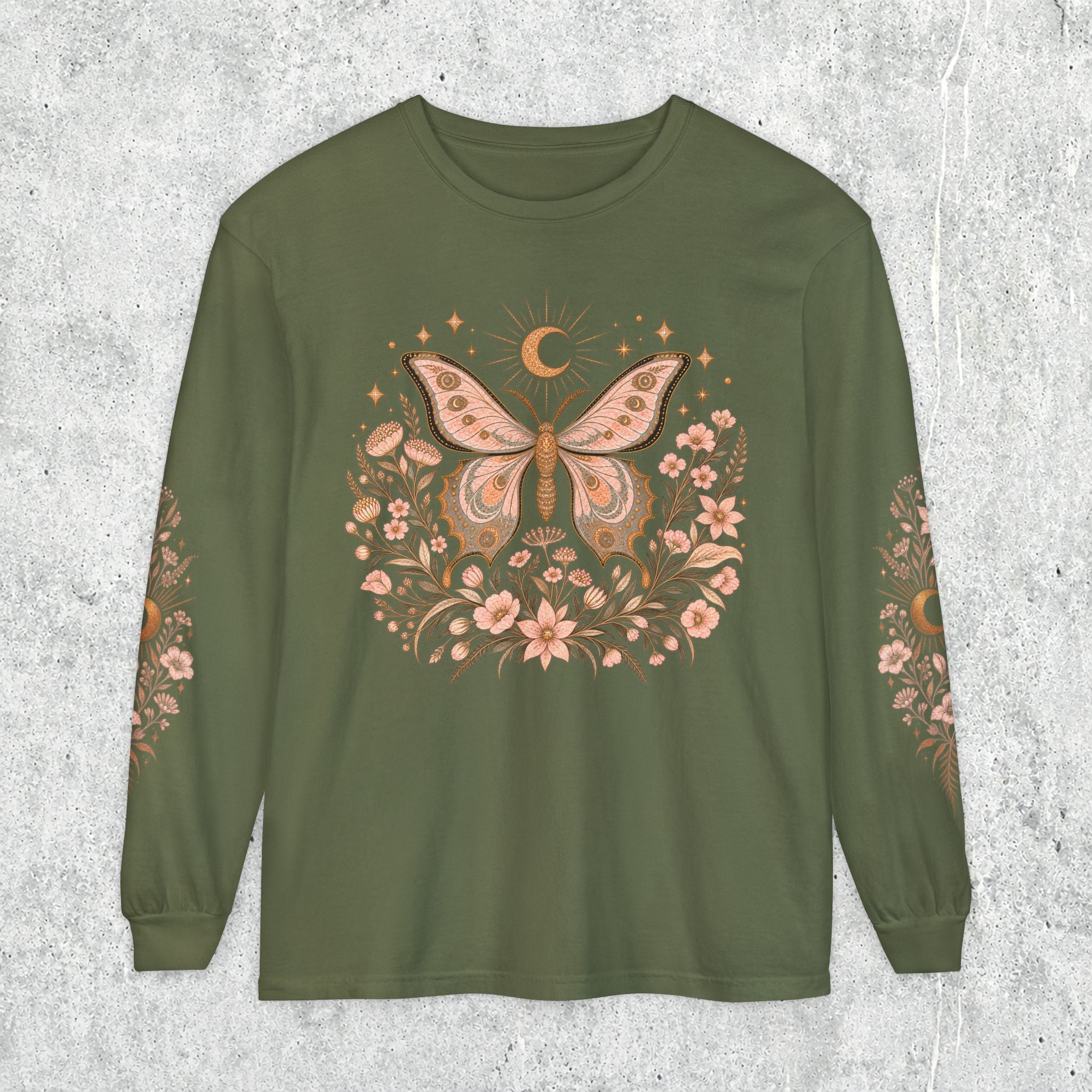 Moonlit Moth Celestial Long Sleeve Tee, Witchy Botanical Shirt, Whimsigoth Nature Graphic Tee, Gift for Her