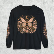 Moonlit Moth Celestial Long Sleeve Tee, Witchy Botanical Shirt, Whimsigoth Nature Graphic Tee, Gift for Her