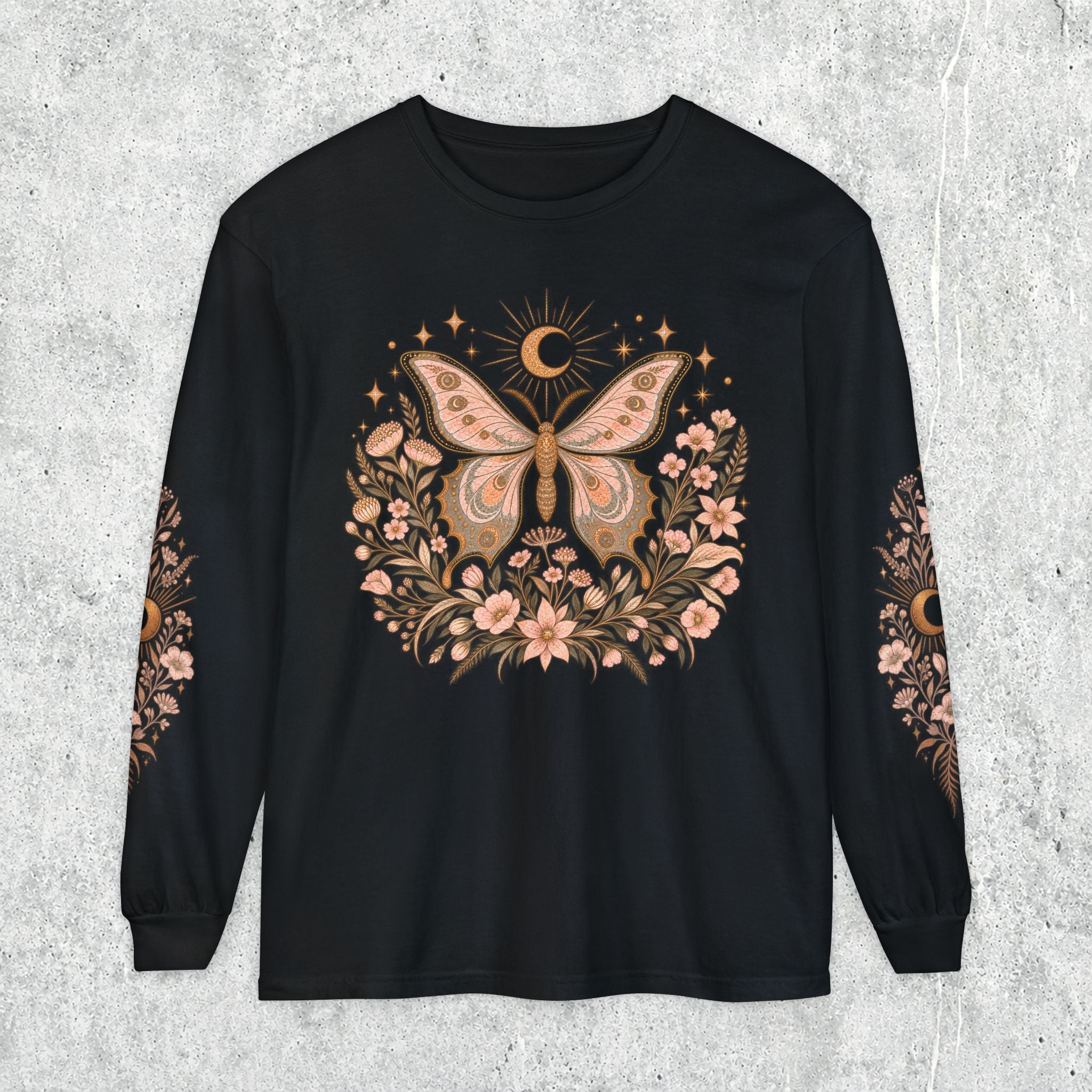 Moonlit Moth Celestial Long Sleeve Tee, Witchy Botanical Shirt, Whimsigoth Nature Graphic Tee, Gift for Her