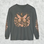 Moonlit Moth Celestial Long Sleeve Tee, Witchy Botanical Shirt, Whimsigoth Nature Graphic Tee, Gift for Her
