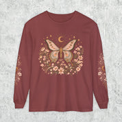 Moonlit Moth Celestial Long Sleeve Tee, Witchy Botanical Shirt, Whimsigoth Nature Graphic Tee, Gift for Her