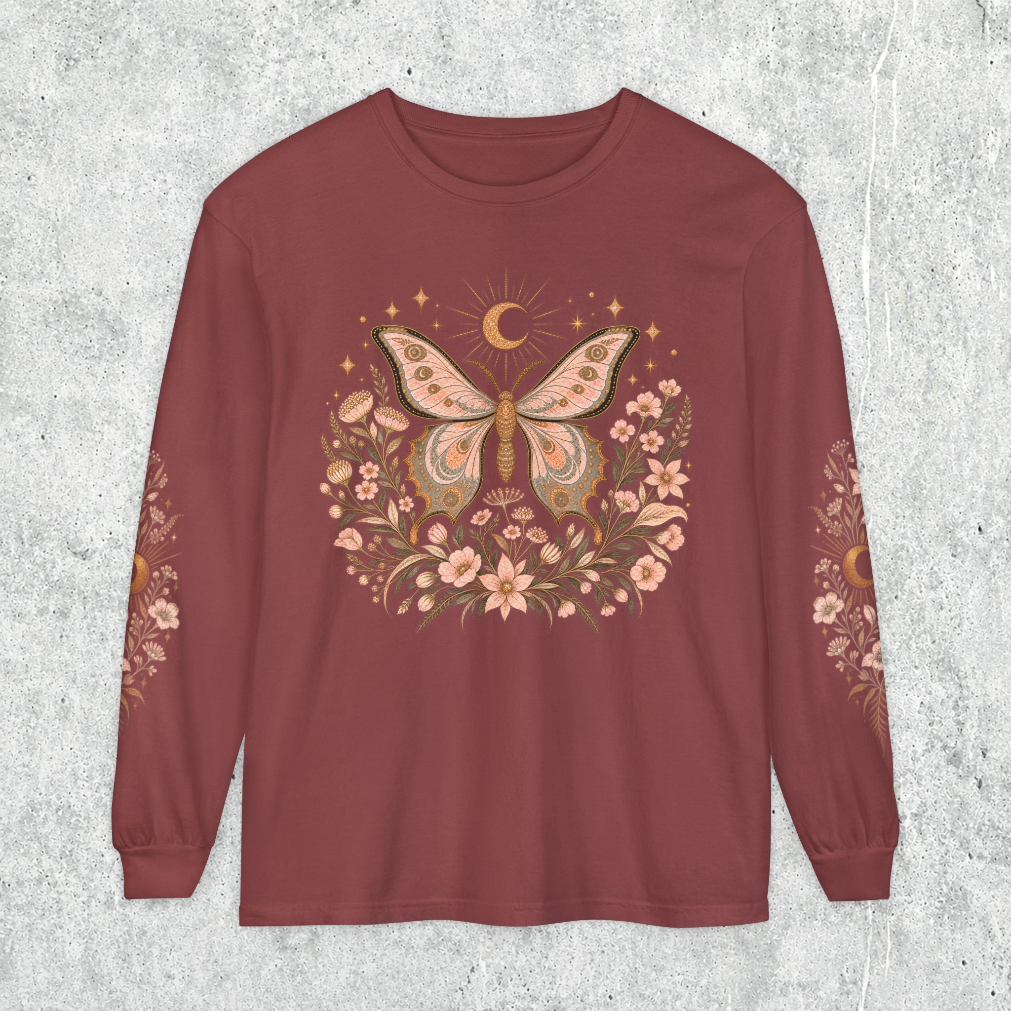 Moonlit Moth Celestial Long Sleeve Tee, Witchy Botanical Shirt, Whimsigoth Nature Graphic Tee, Gift for Her